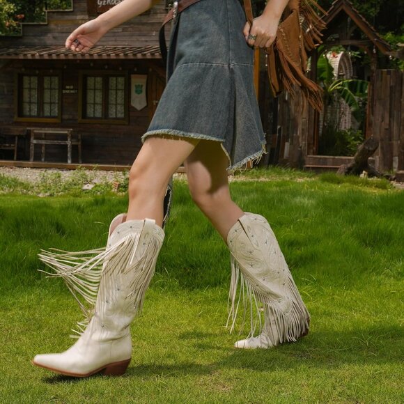 ⚡Women's White Knee High Western Embroidery Rhinestones Cowgirl Boot Wide Calf - Picture 2 of 8